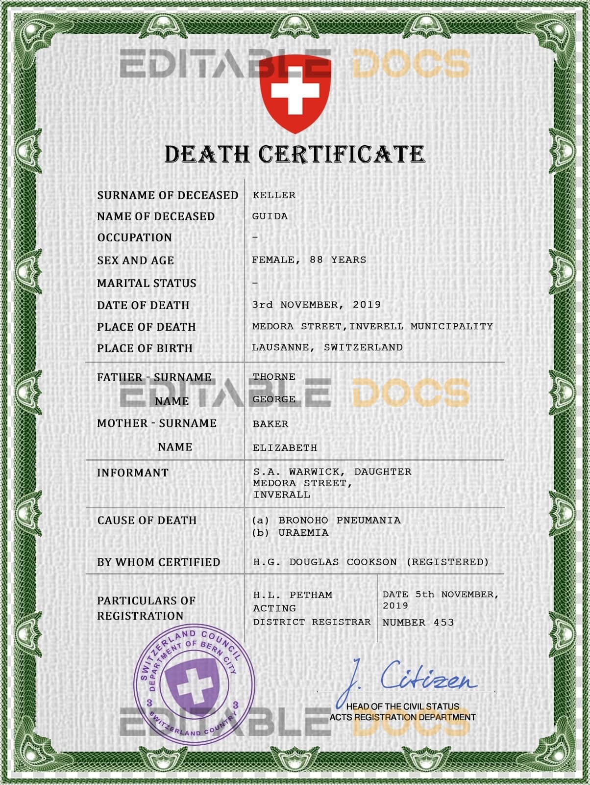 Customizable Switzerland Death Certificate PSD Templates | Instant Download