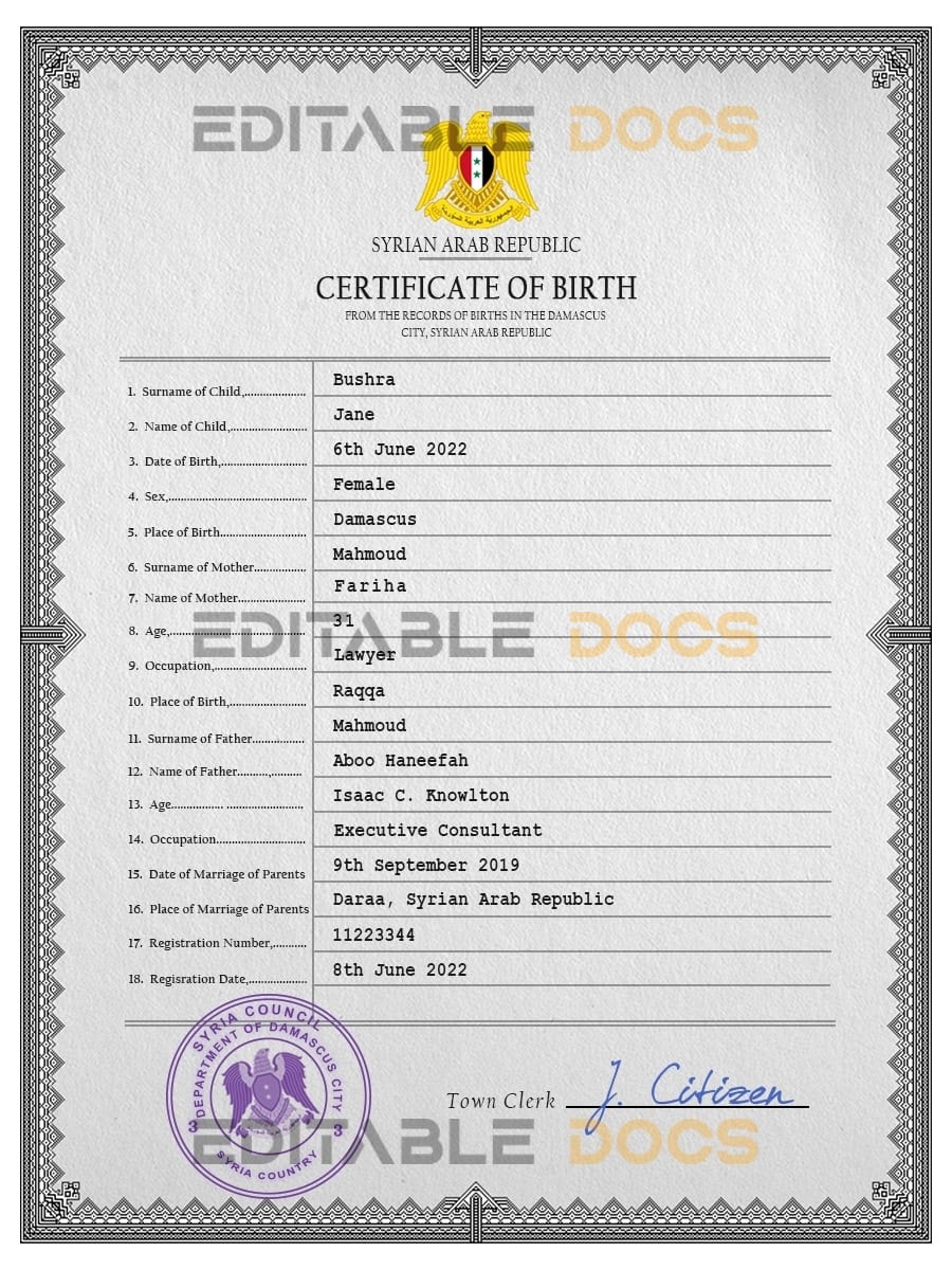Authentic Syria Birth Certificate Template | Customize and Download Online