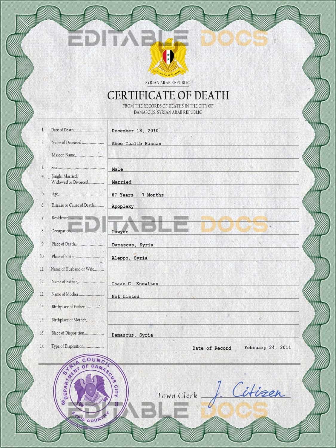 Customizable Syria Death Certificate PSD Templates | Instant Download