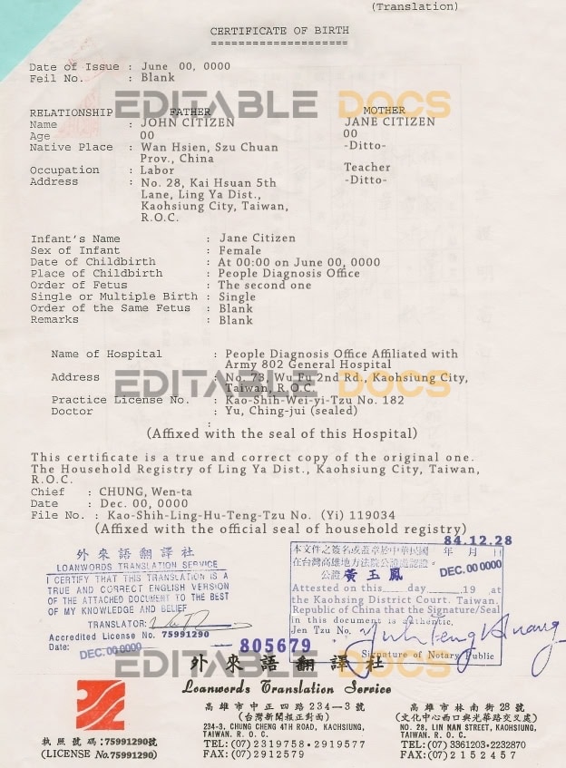 Authentic Taiwan Birth Certificate Template | Customize and Download Online
