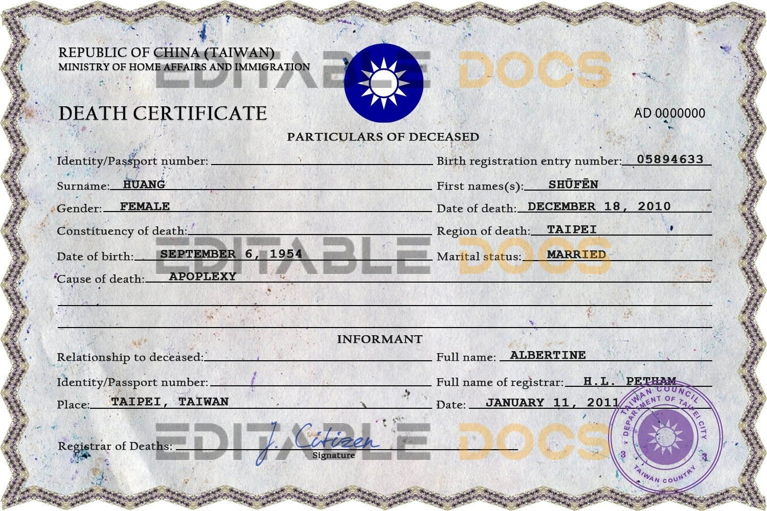 Customizable Taiwan Death Certificate PSD Templates | Instant Download