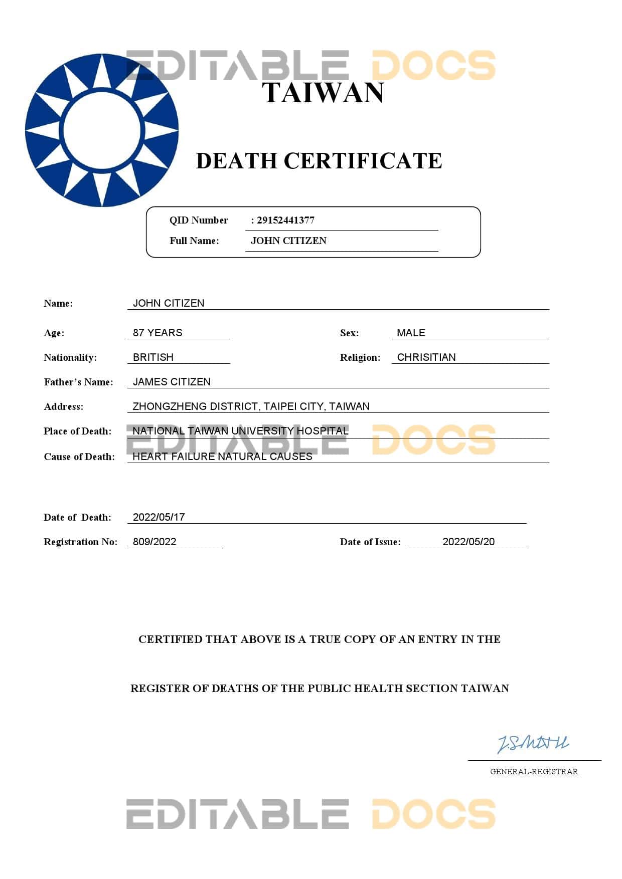 Fillable Taiwan Death PDF Templates | Blank Docs