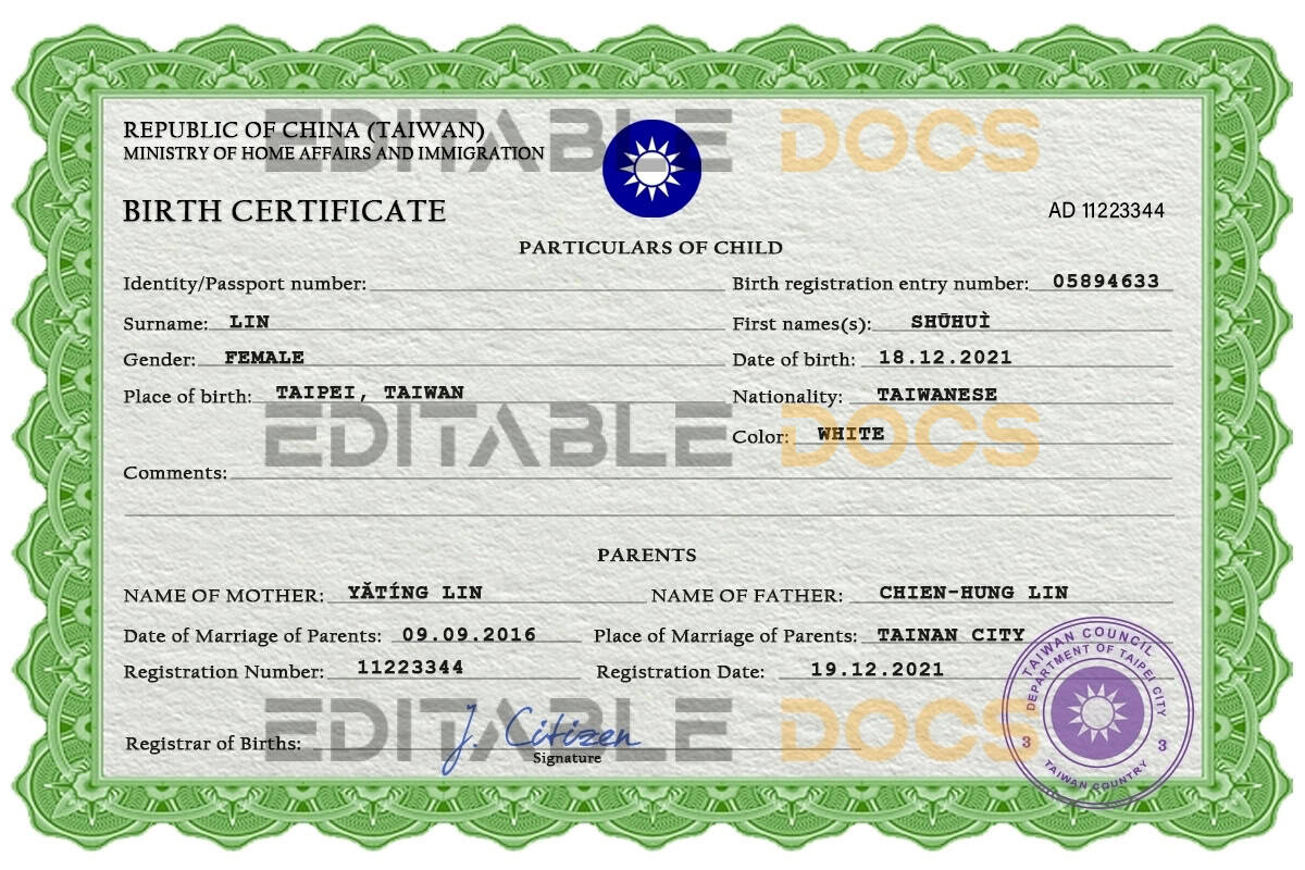 Authentic Taiwan Birth Certificate Template | Customize and Download Online
