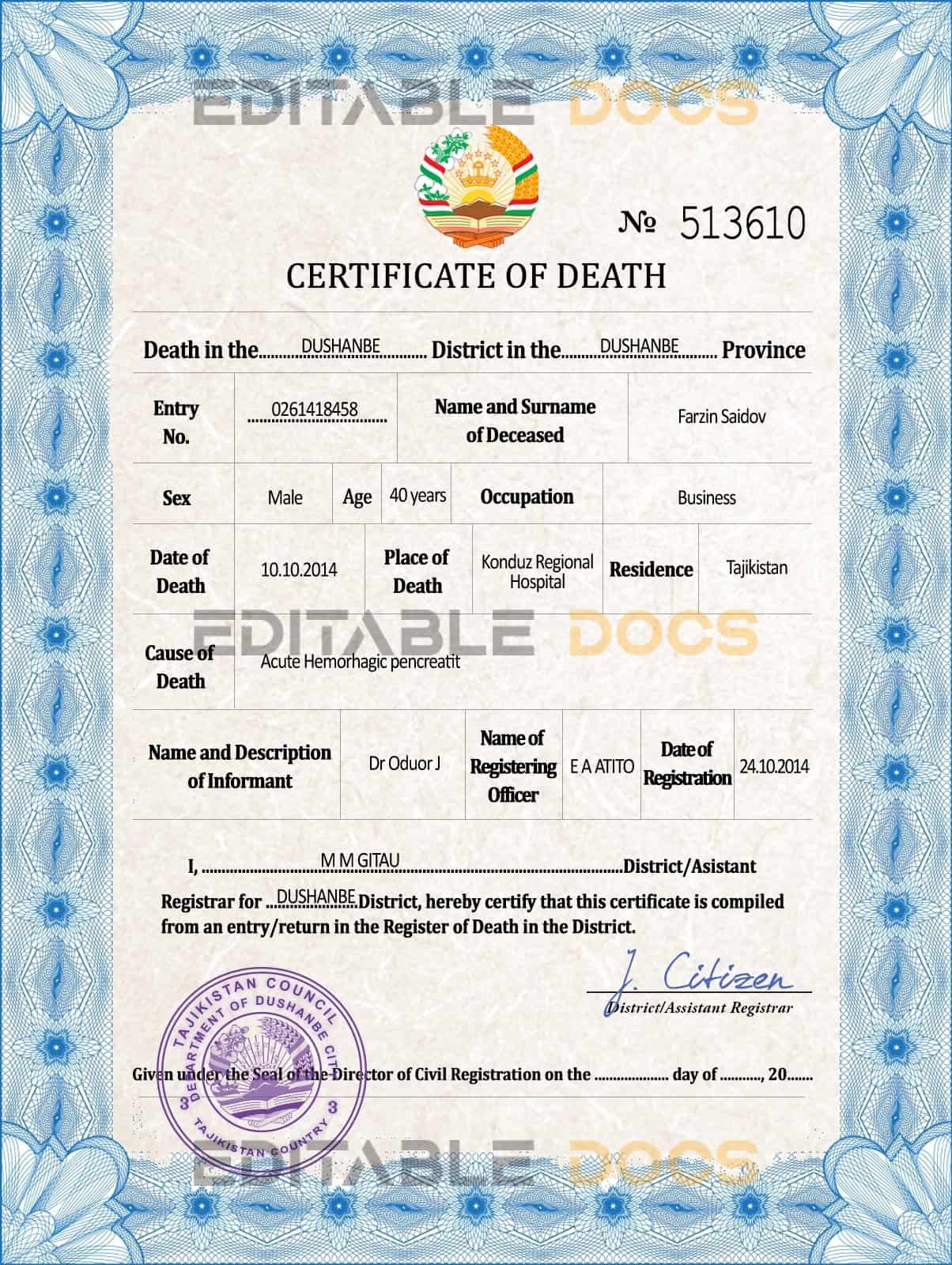 Customizable Tajikistan Death Certificate PSD Templates | Instant Download