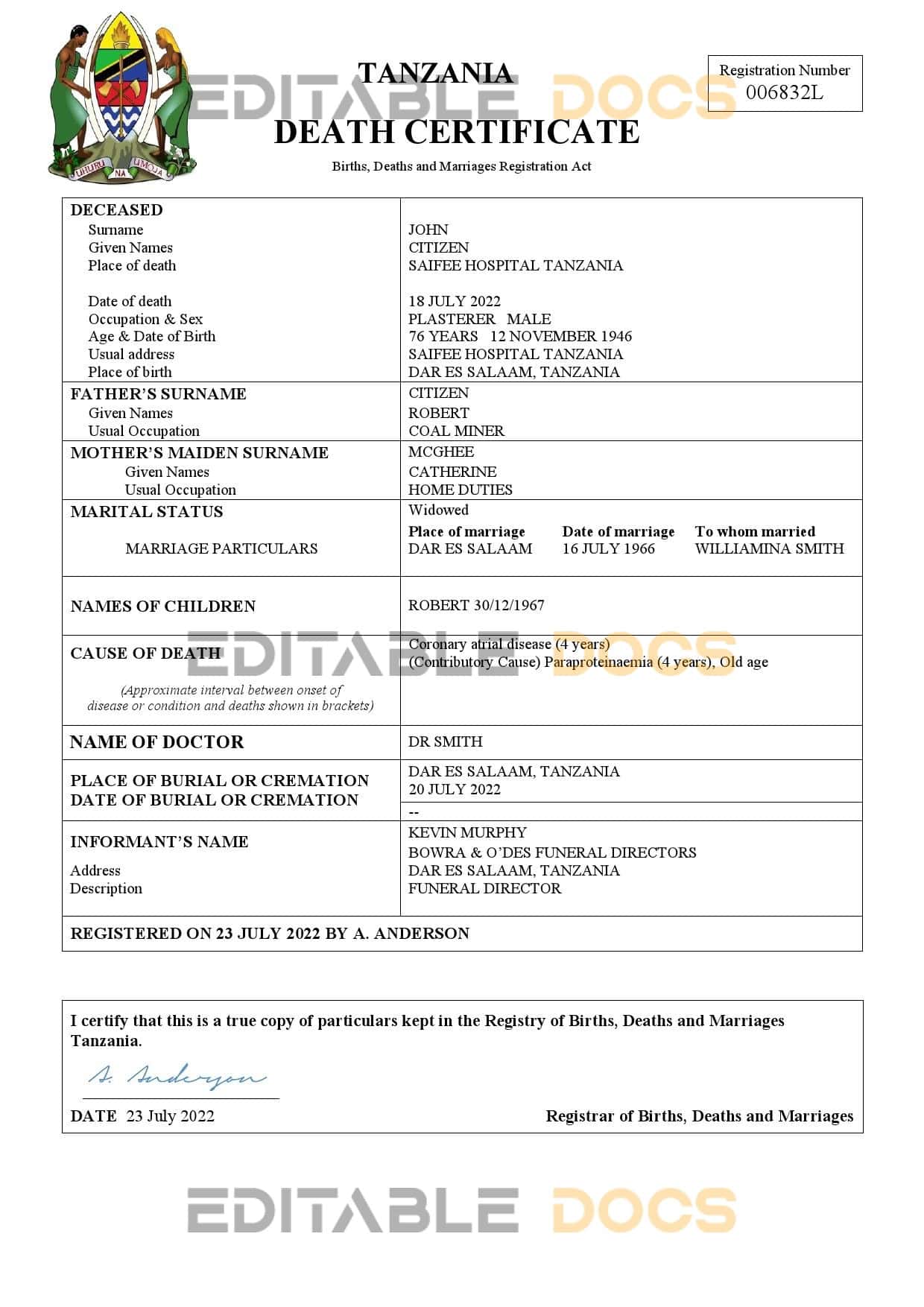 Fillable Tanzania Death PDF Templates | Blank Docs