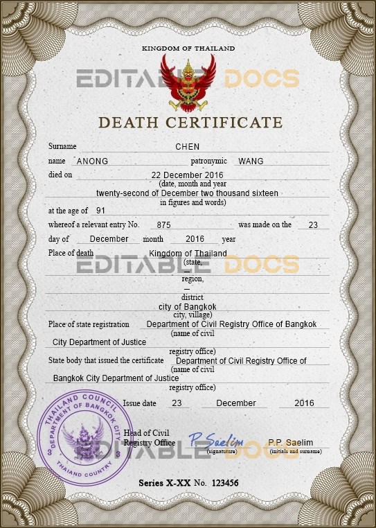 Customizable Thailand Death Certificate PSD Templates | Instant Download