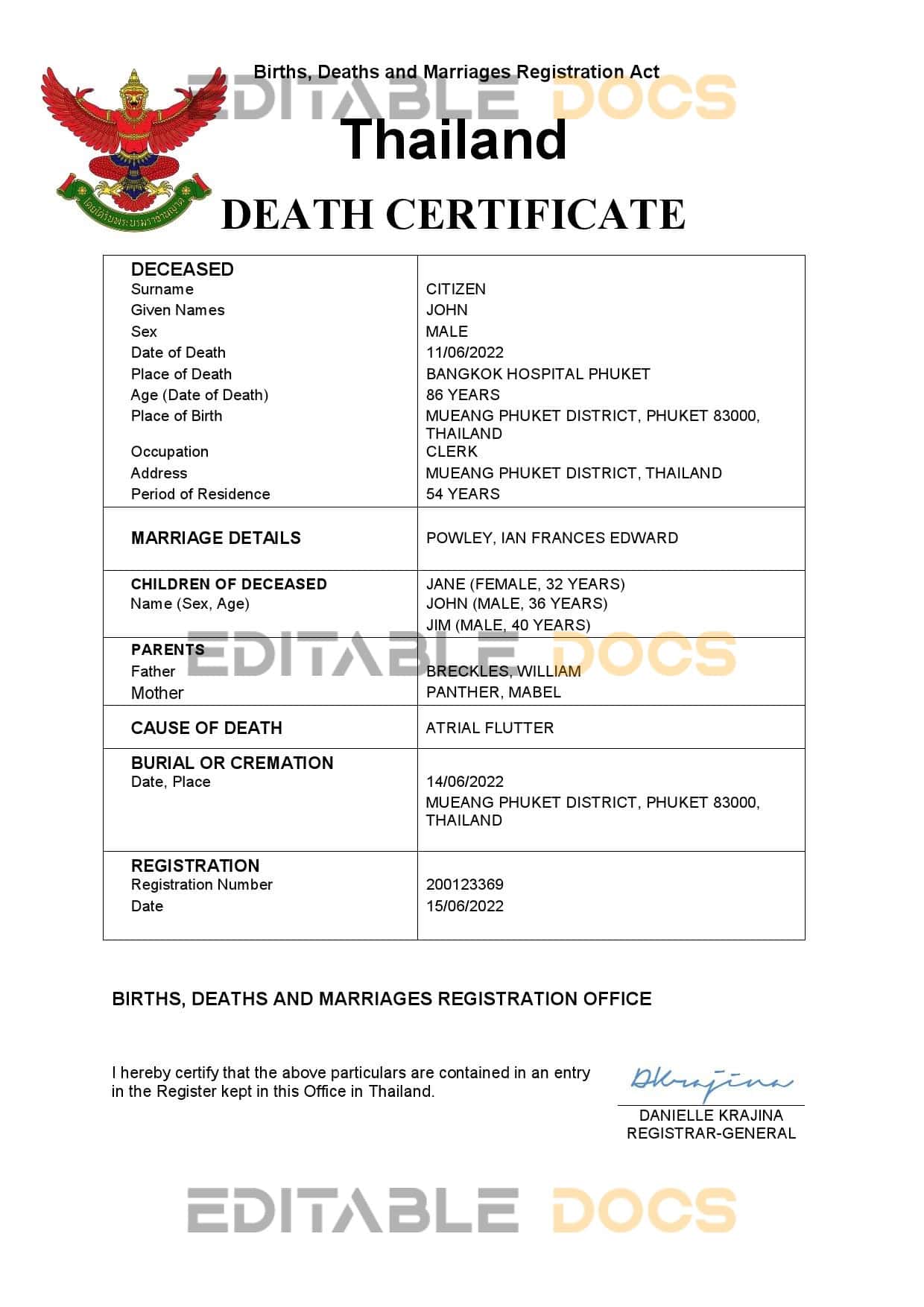 Fillable Thailand Death PDF Templates | Blank Docs