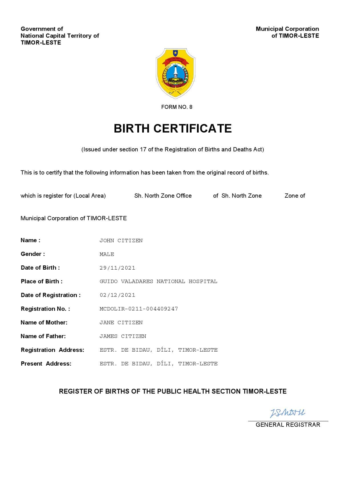 Authentic Timor-Leste Birth Certificate Template | Customize and Download Online