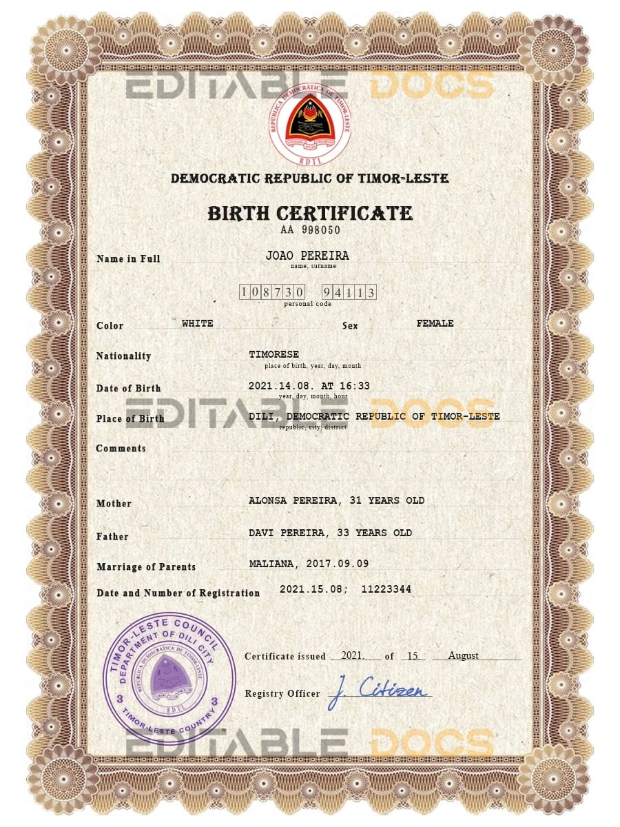 Authentic Timor-Leste Birth Certificate Template | Customize and Download Online