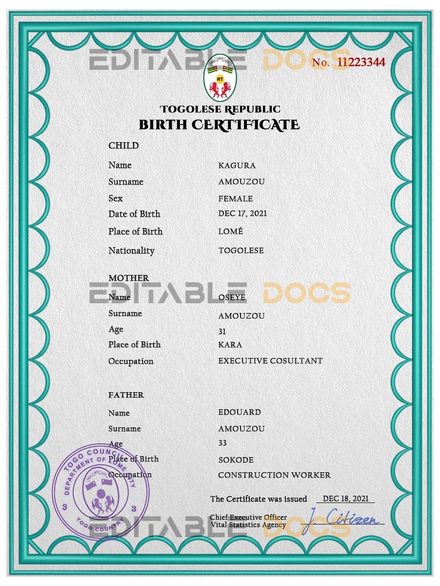 Authentic Togo Birth Certificate Template | Customize and Download Online
