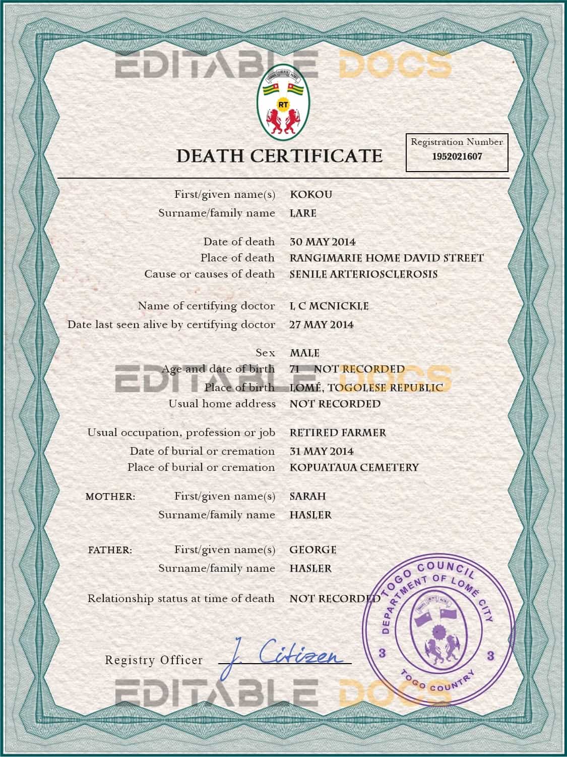Customizable Togo Death Certificate PSD Templates | Instant Download