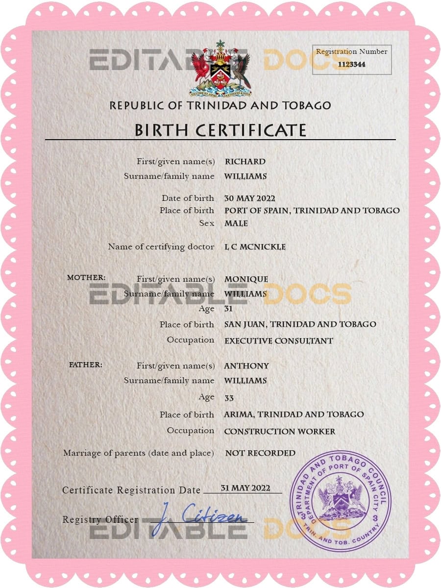 Authentic Trinidad and Tobago Birth Certificate Template | Customize and Download Online
