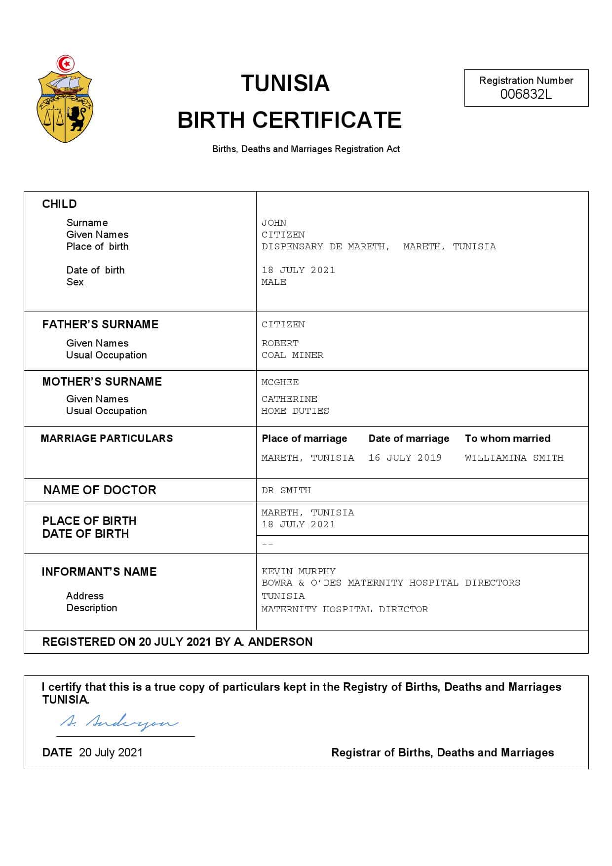 Authentic Tunisia Birth Certificate Template | Customize and Download Online
