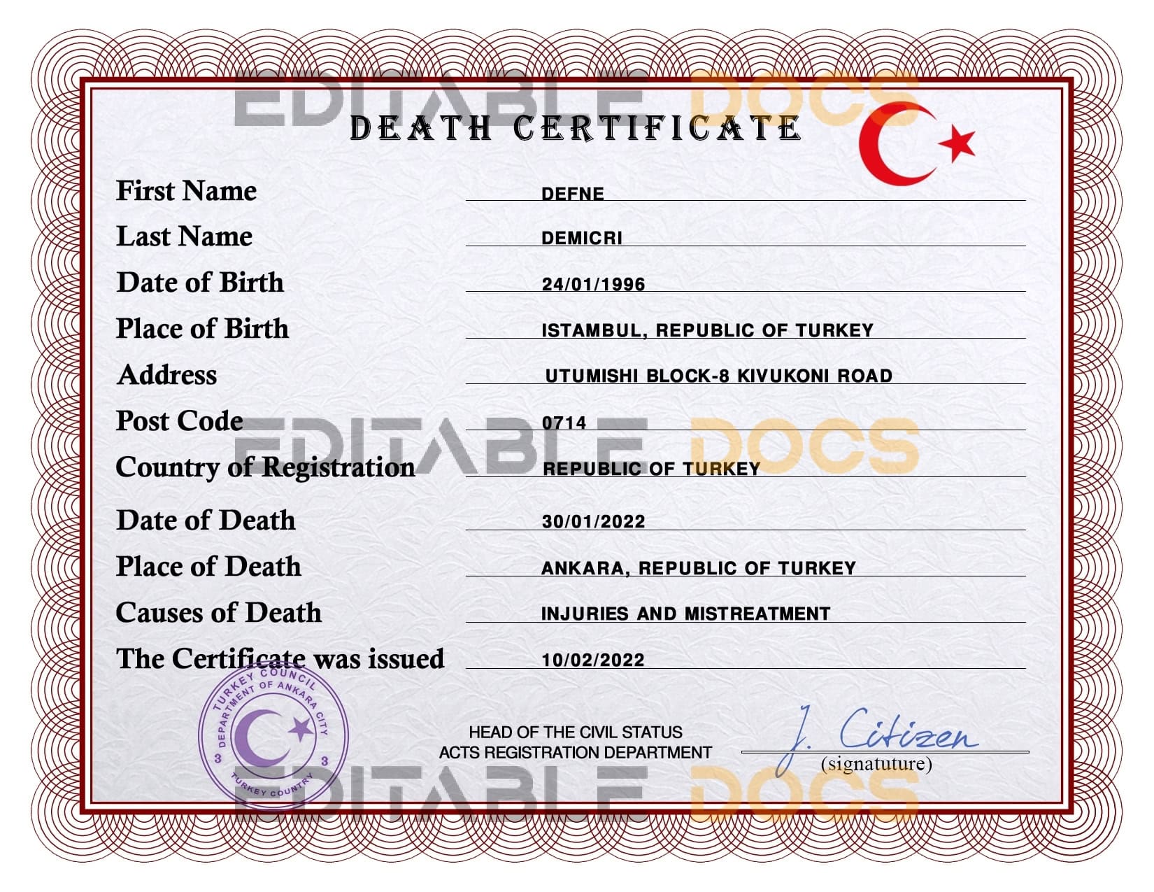 Customizable Turkey Death Certificate PSD Templates | Instant Download