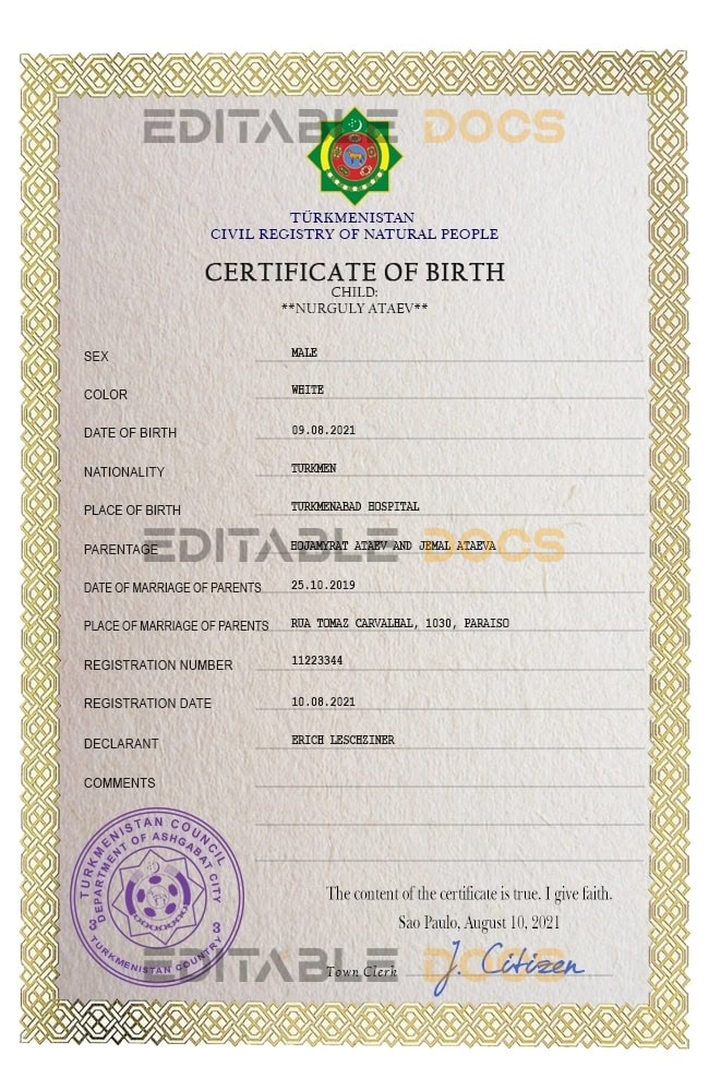 Authentic Turkmenistan Birth Certificate Template | Customize and Download Online