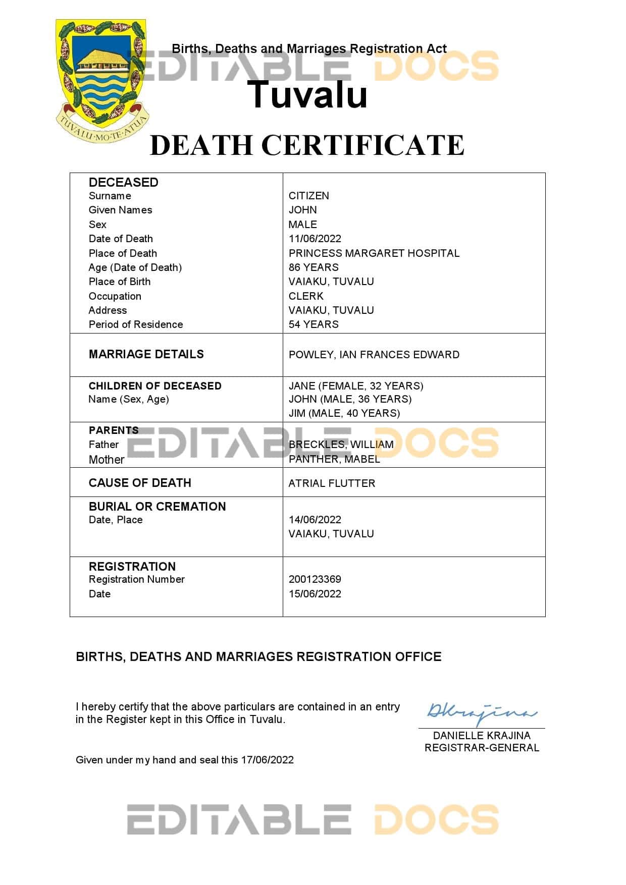 Fillable Tuvalu Death PDF Templates | Blank Docs