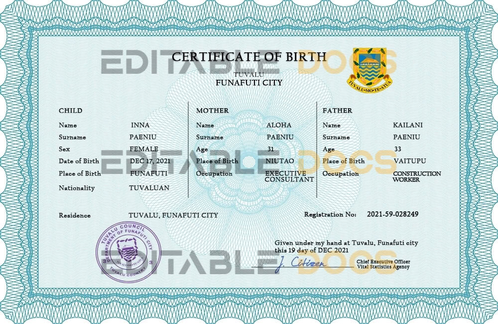 Authentic Tuvalu Birth Certificate Template | Customize and Download Online