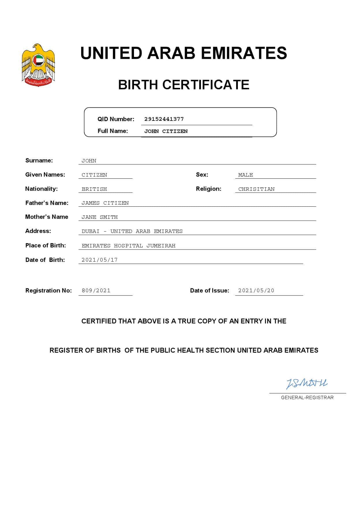 Authentic UAE Birth Certificate Template | Customize and Download Online
