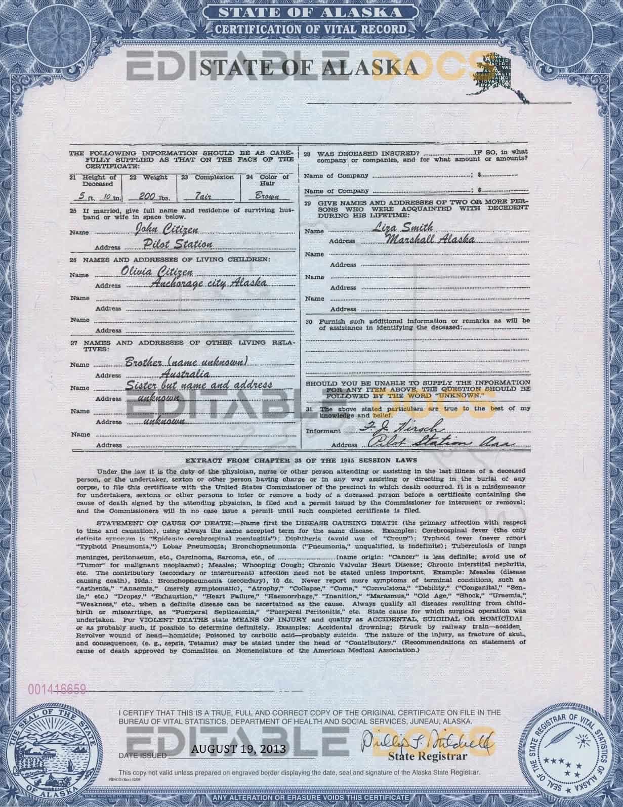 Authentic USA Alaska Birth Certificate Template | Customize and Download Online