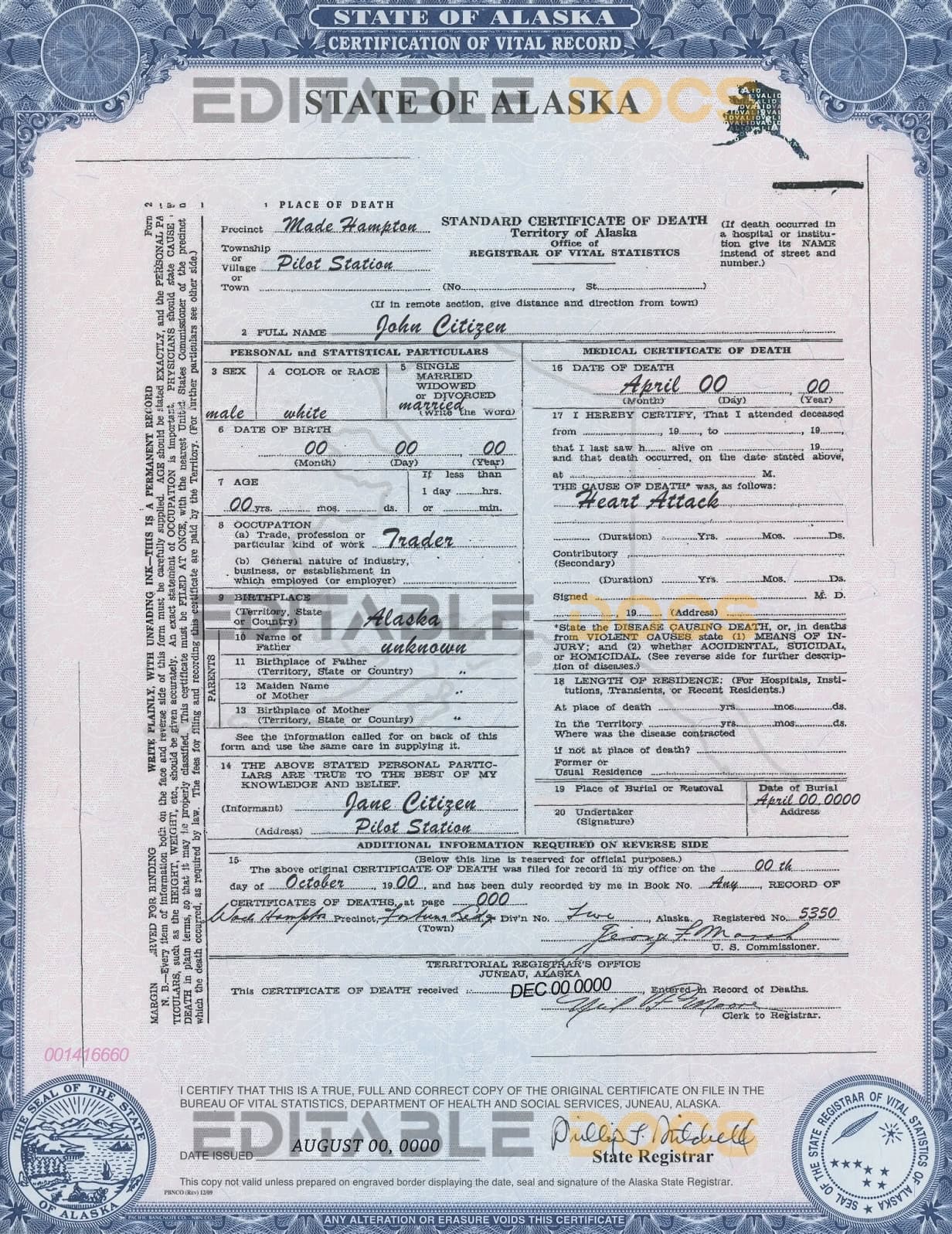 Customizable USA Alaska state Death Certificate PSD Templates | Instant Download