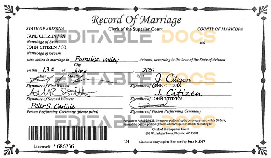 USA Arizona Marriage Certificate | Editable PSD Templates