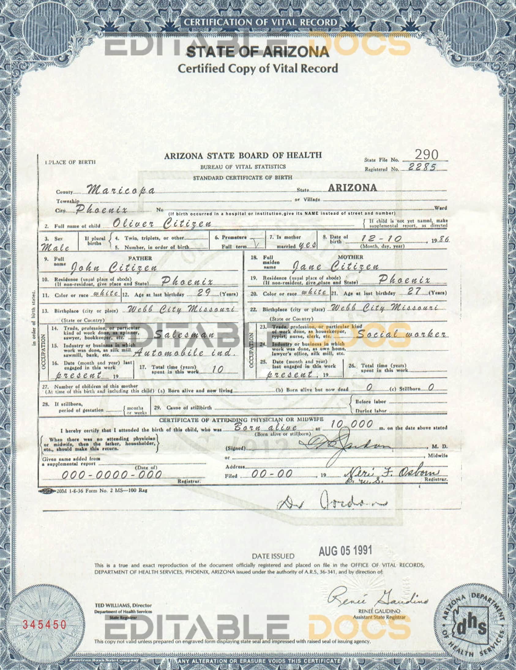 Authentic USA Arizona Birth Certificate Template | Customize and Download Online