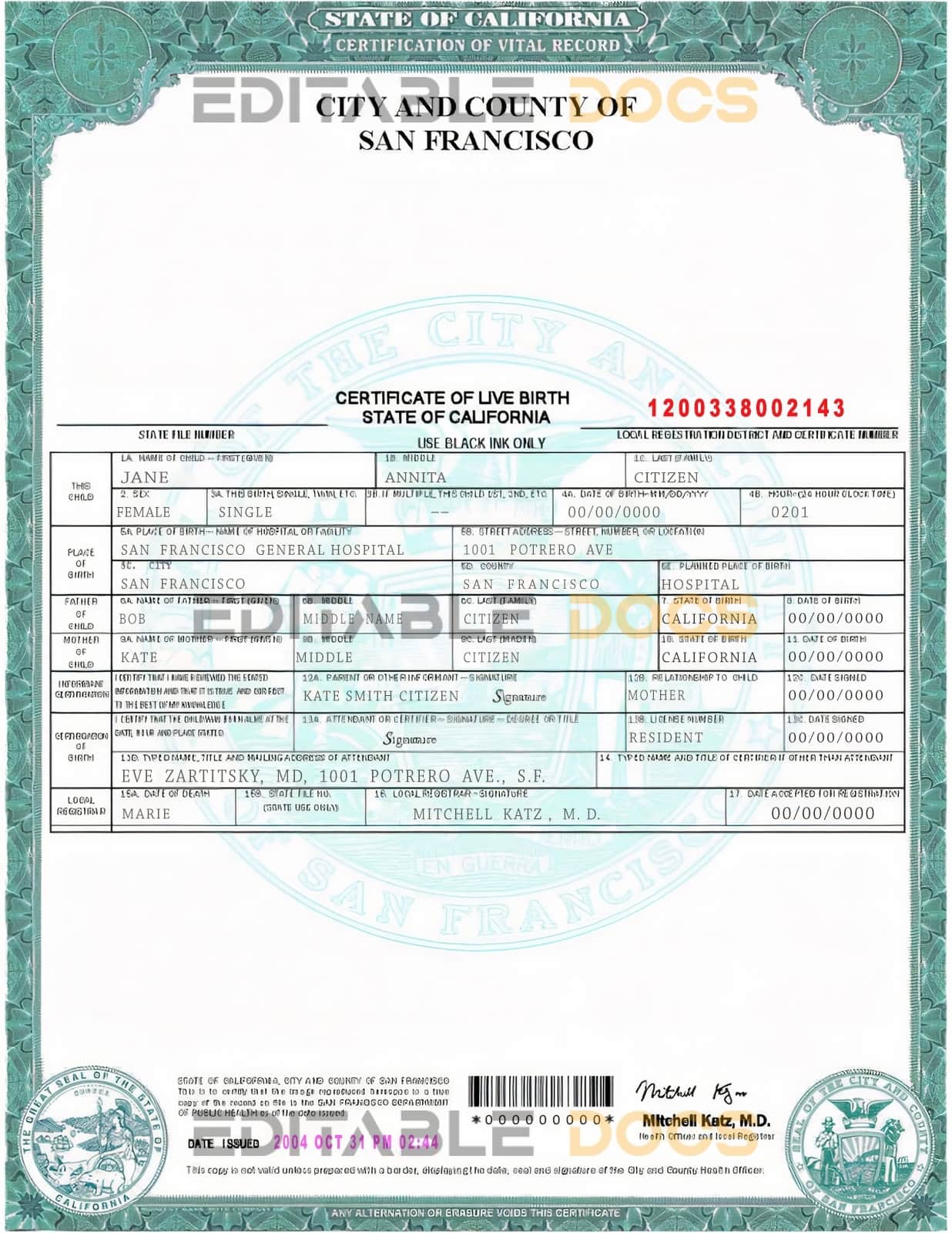 Authentic USA California Birth Certificate Template | Customize and Download Online
