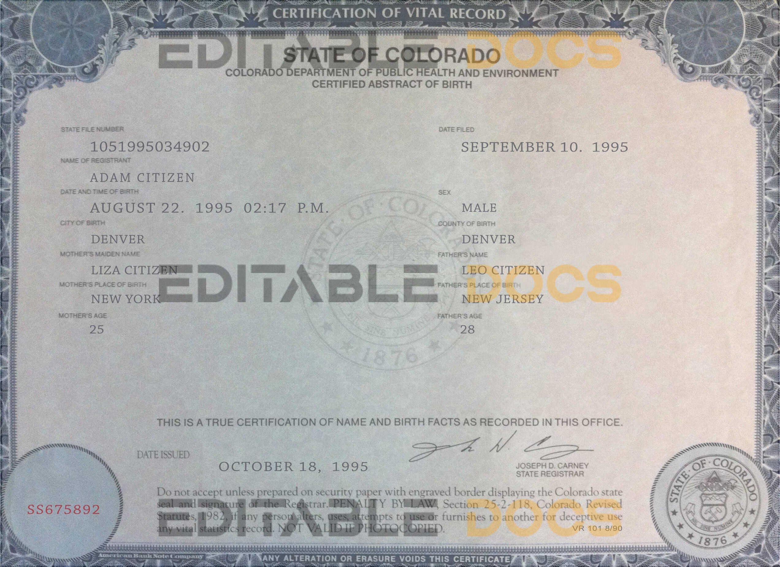 Authentic Colorado Birth Certificate Template | Customize and Download Online