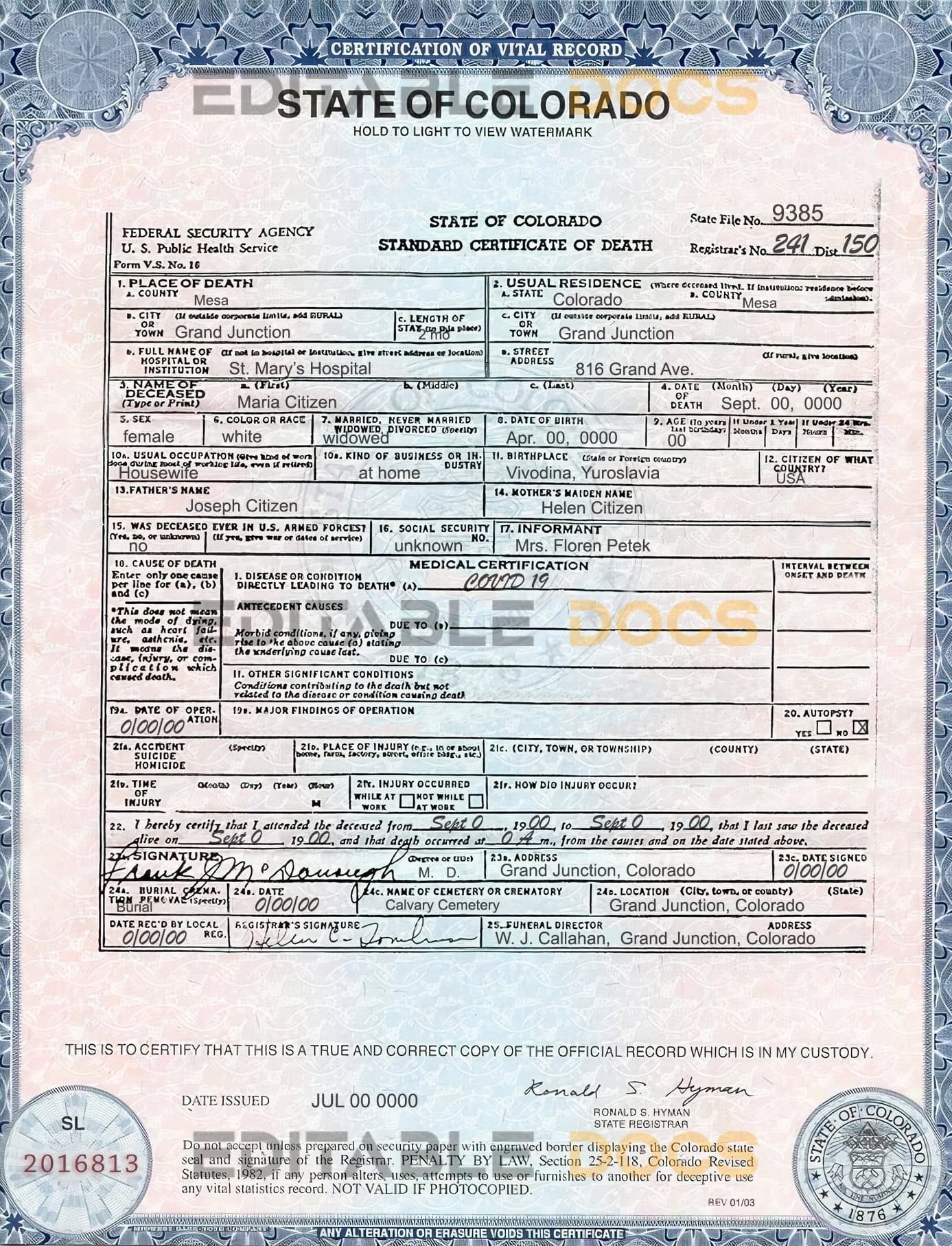 Customizable USA Colorado state Death Certificate PSD Templates | Instant Download