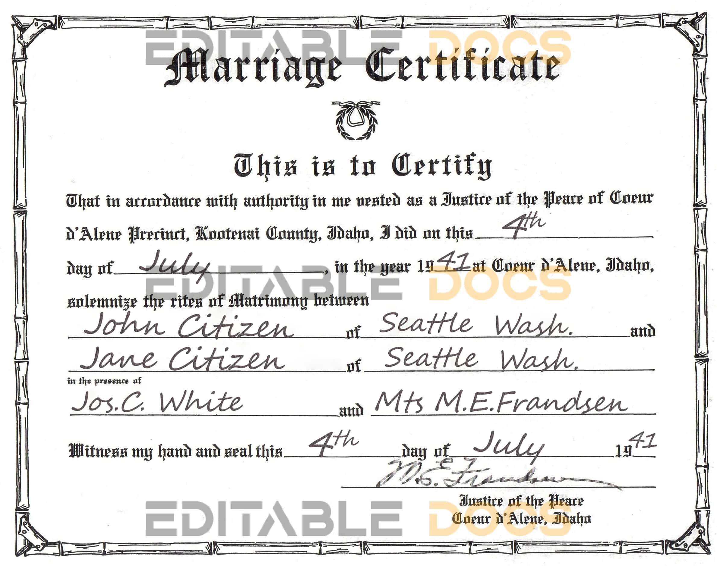 USA Idaho Marriage Certificate | Editable PSD Templates