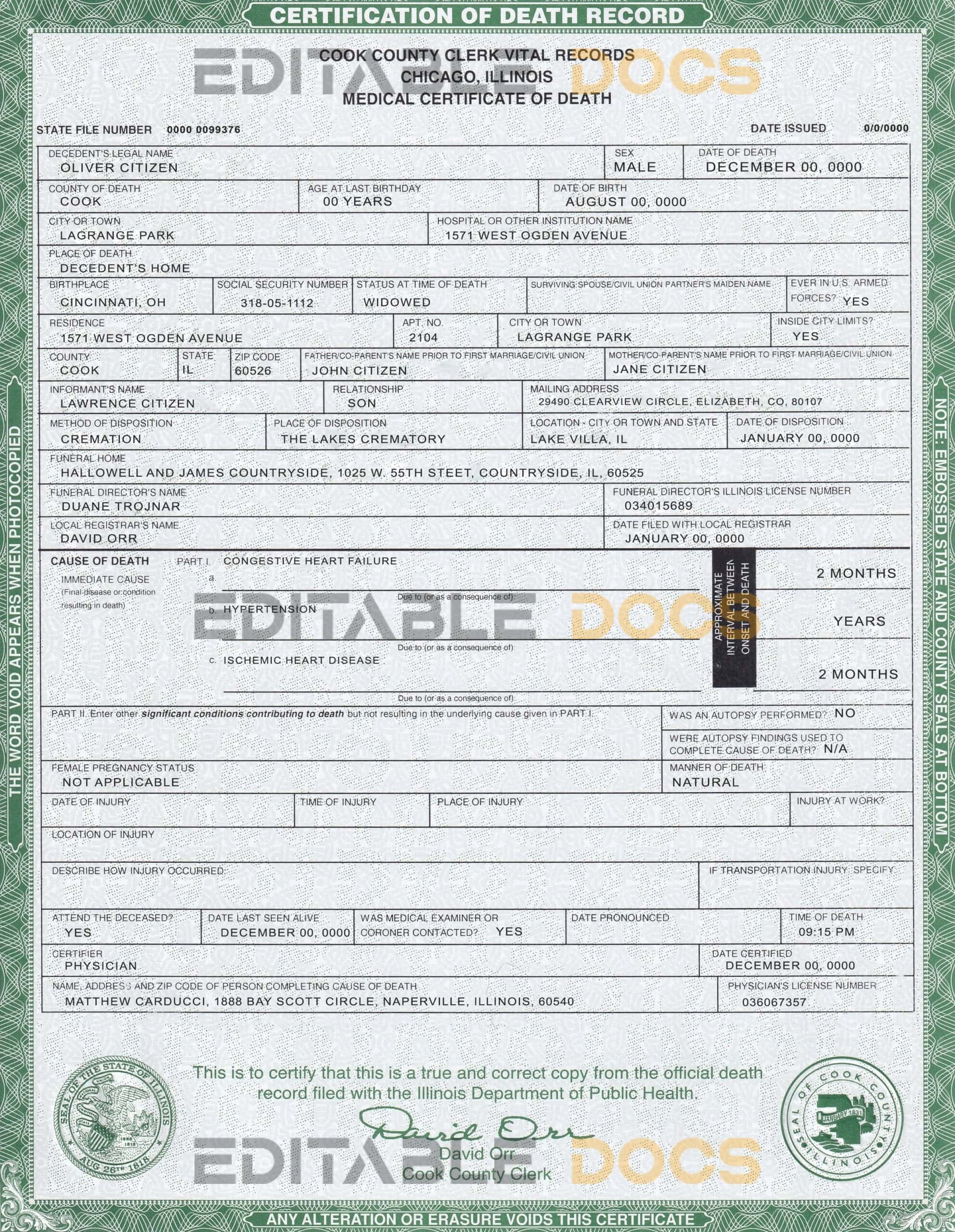 Customizable USA Illinois state Death Certificate PSD Templates | Instant Download