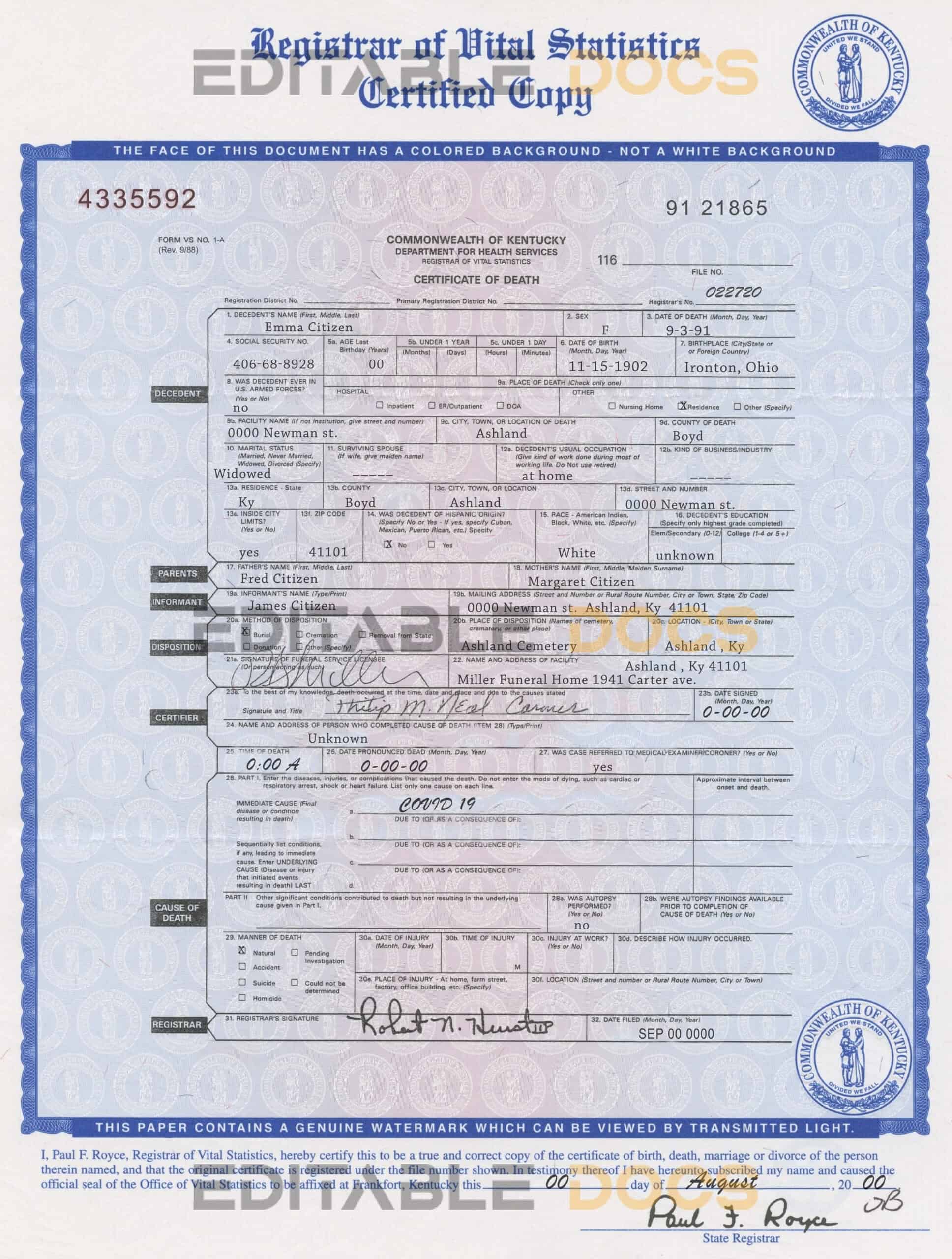 Customizable Kentucky state Death Certificate PSD Templates | Instant Download