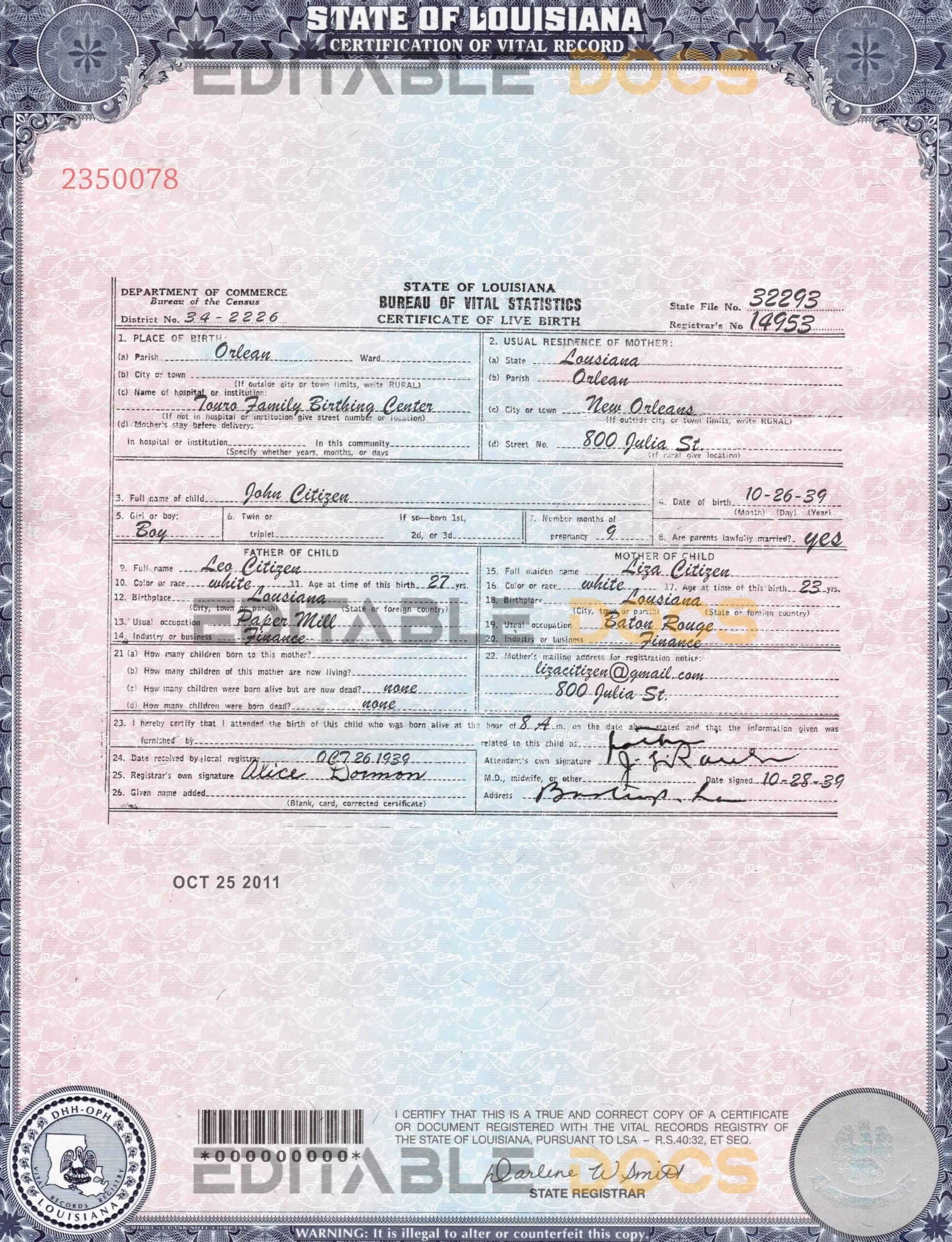 Authentic USA Louisiana Birth Certificate Template | Customize and Download Online