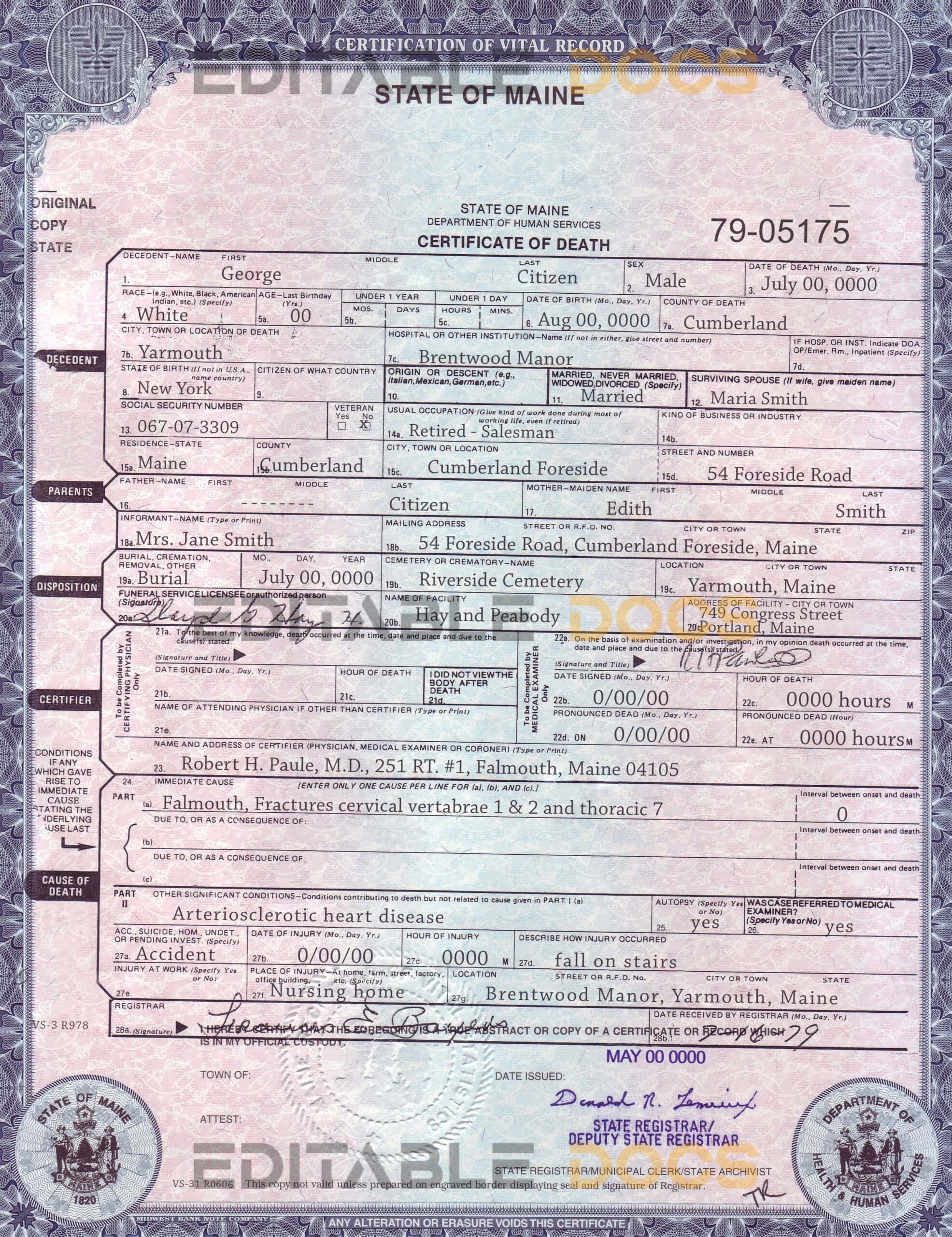Customizable USA Maine Death Certificate PSD Templates | Instant Download