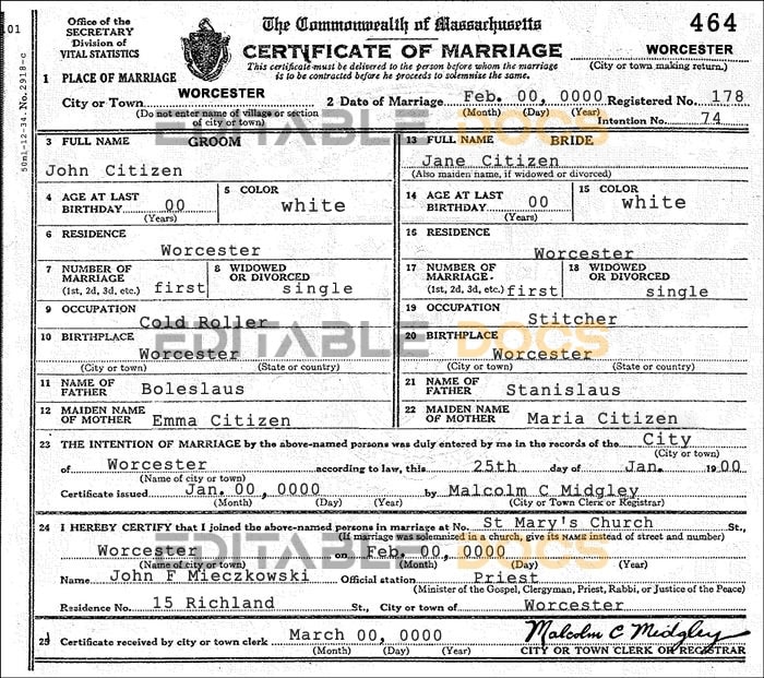 USA Massachusetts Marriage Certificate | Editable PSD Templates