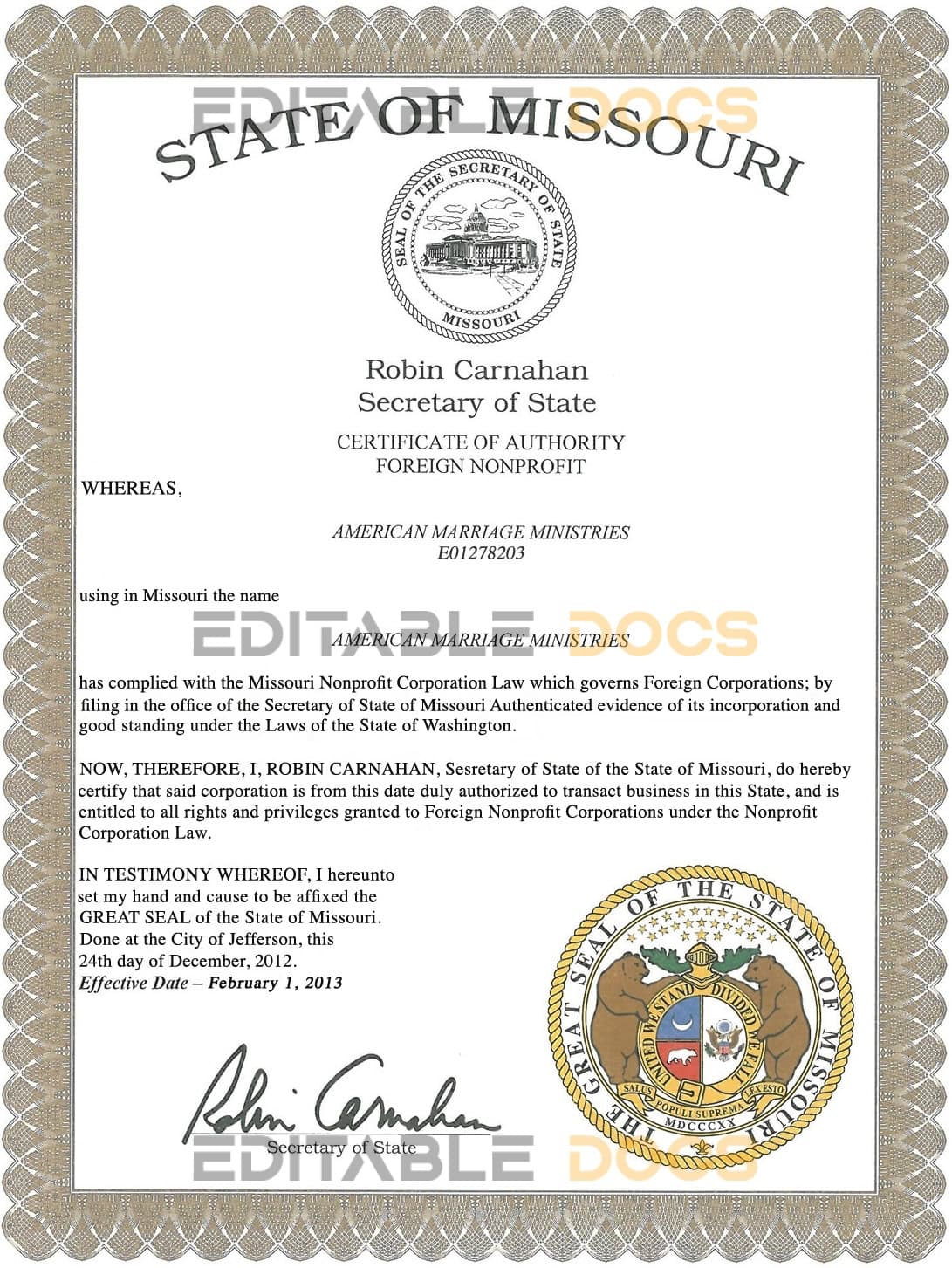USA Missouri Marriage Certificate | Editable PSD Templates