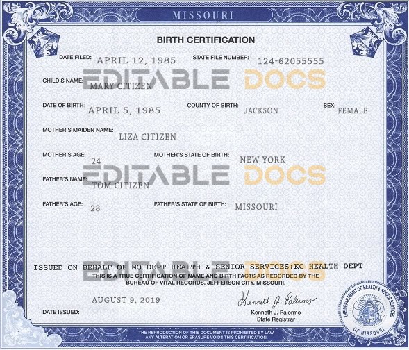 Authentic USA Missouri Birth Certificate Template | Customize and Download Online
