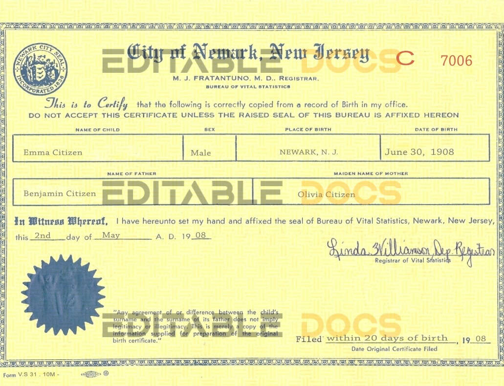 Authentic USA New Jersey Birth Certificate Template | Customize and Download Online