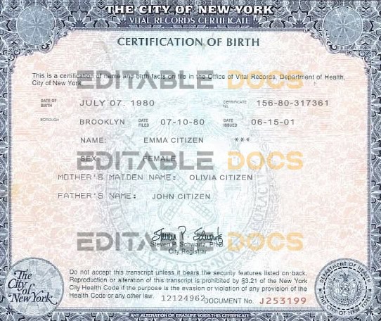 Authentic USA New York Birth Certificate Template | Customize and Download Online