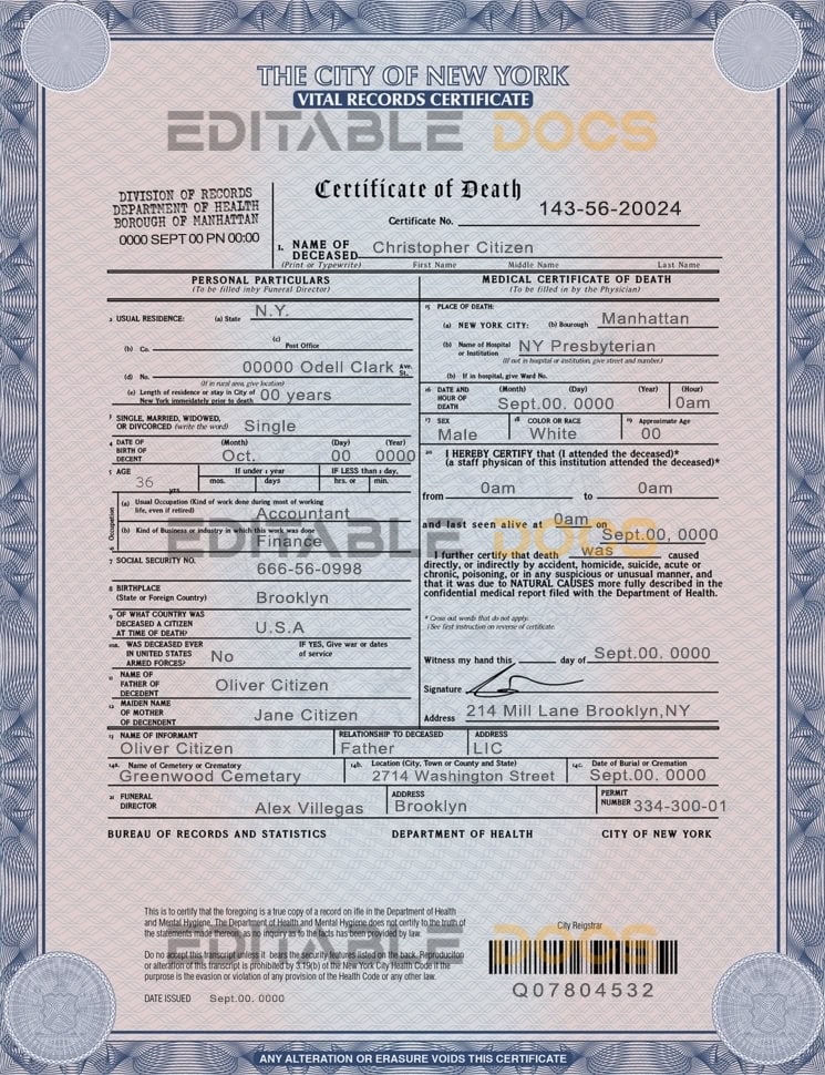 Customizable USA New York Death Certificate PSD Templates | Instant Download