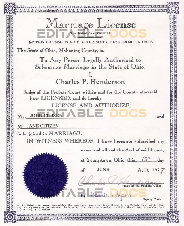 USA Ohio Marriage Certificate | Editable PSD Templates