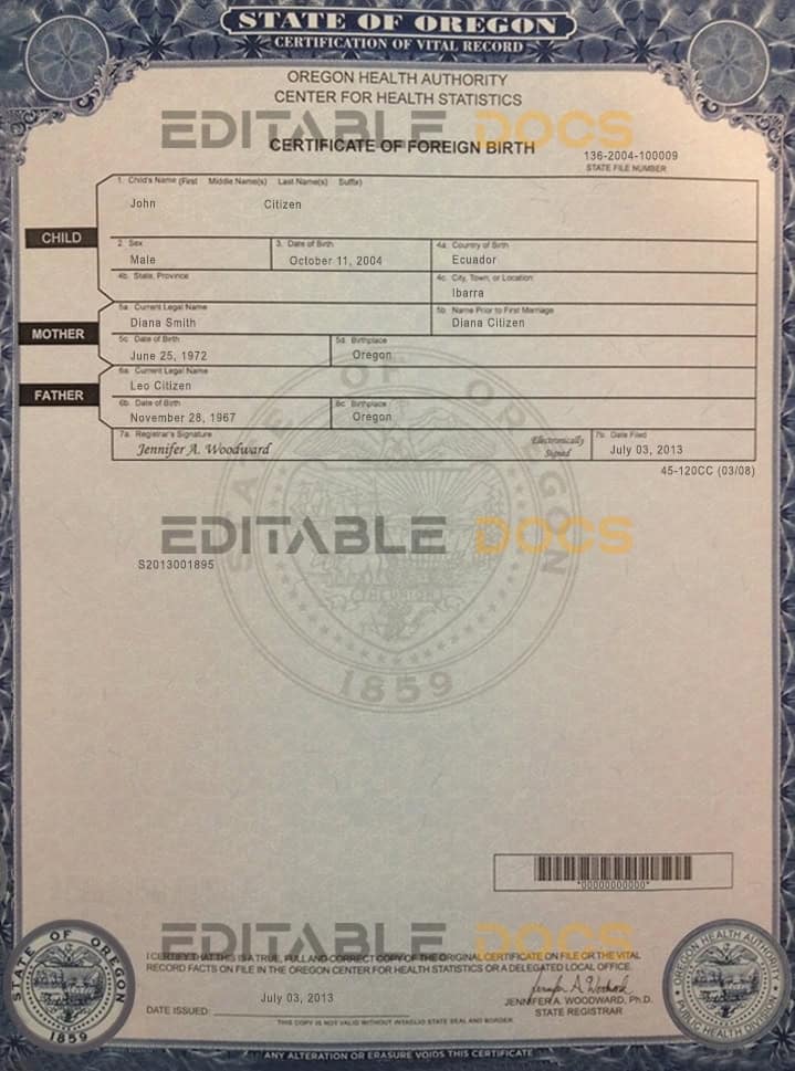Authentic USA Oregon Birth Certificate Template | Customize and Download Online