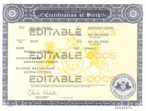 Authentic USA Pennsylvania Birth Certificate Template | Customize and Download Online