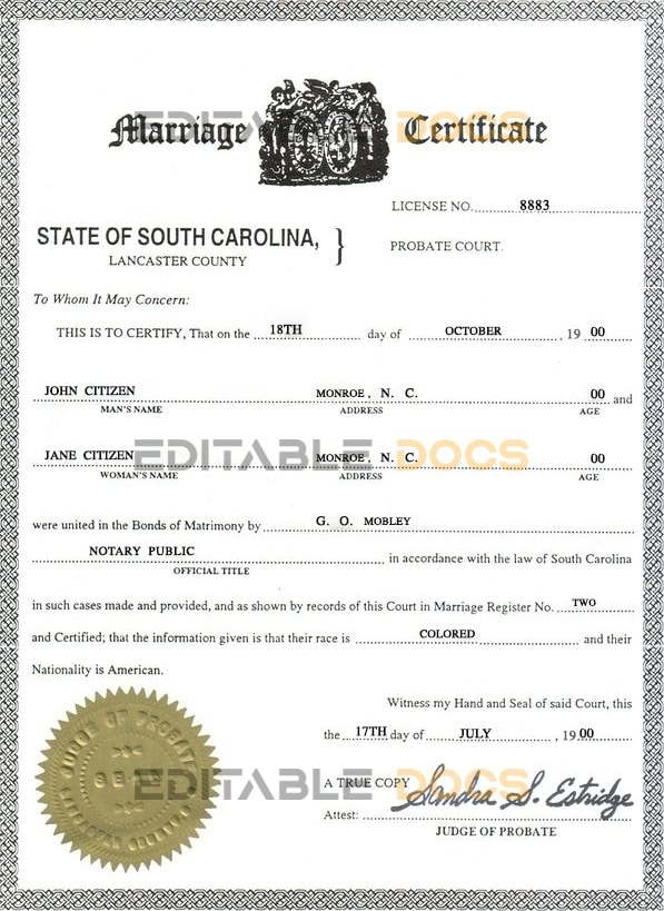 USA South carolina Marriage Certificate | Editable PSD Templates