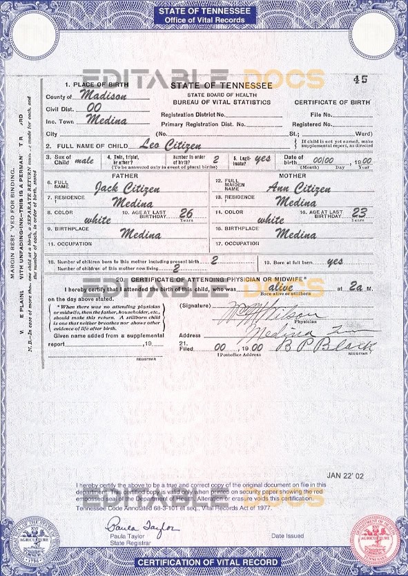 Authentic USA Tennessee Birth Certificate Template | Customize and Download Online