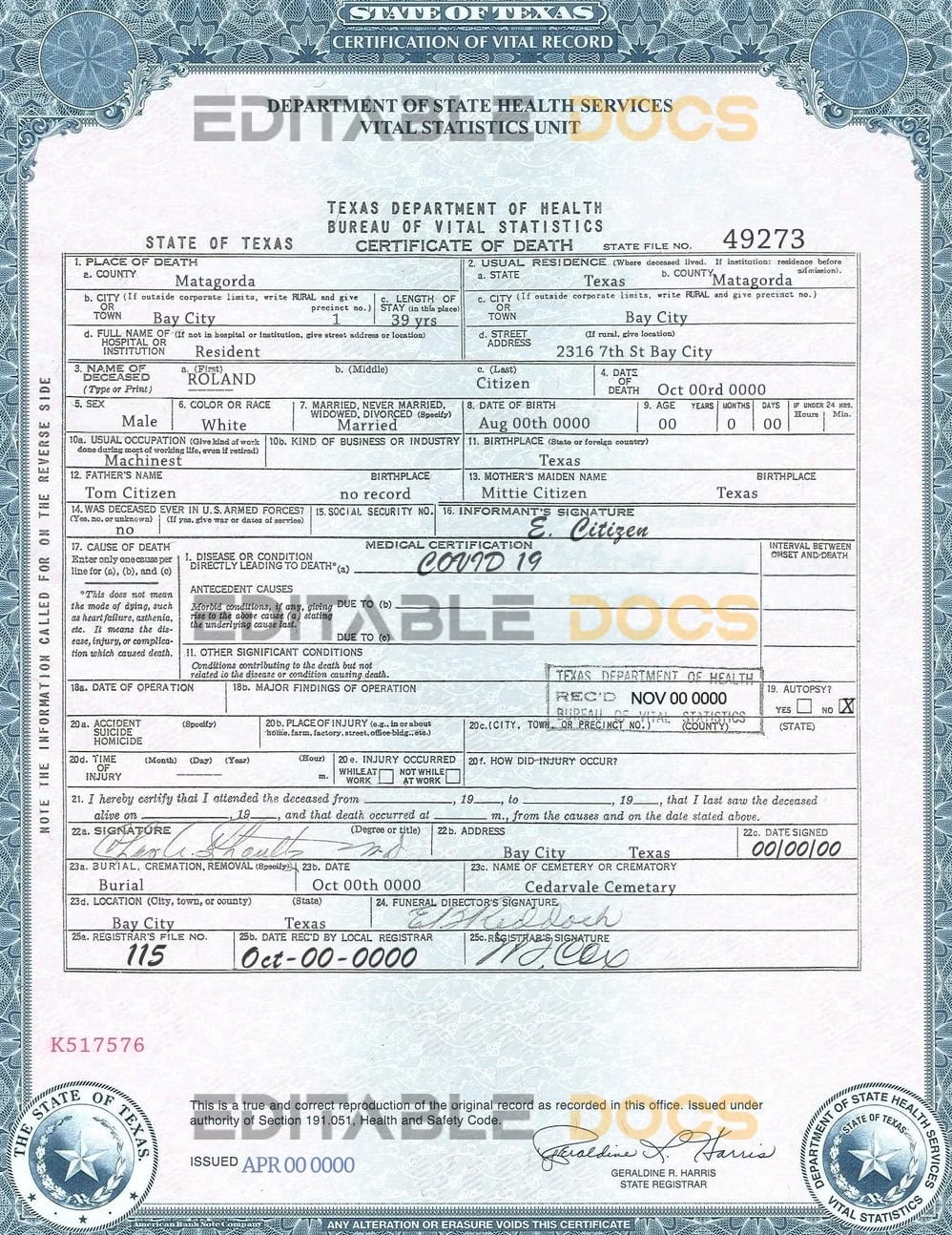 Customizable USA Texas state Death Certificate PSD Templates | Instant Download
