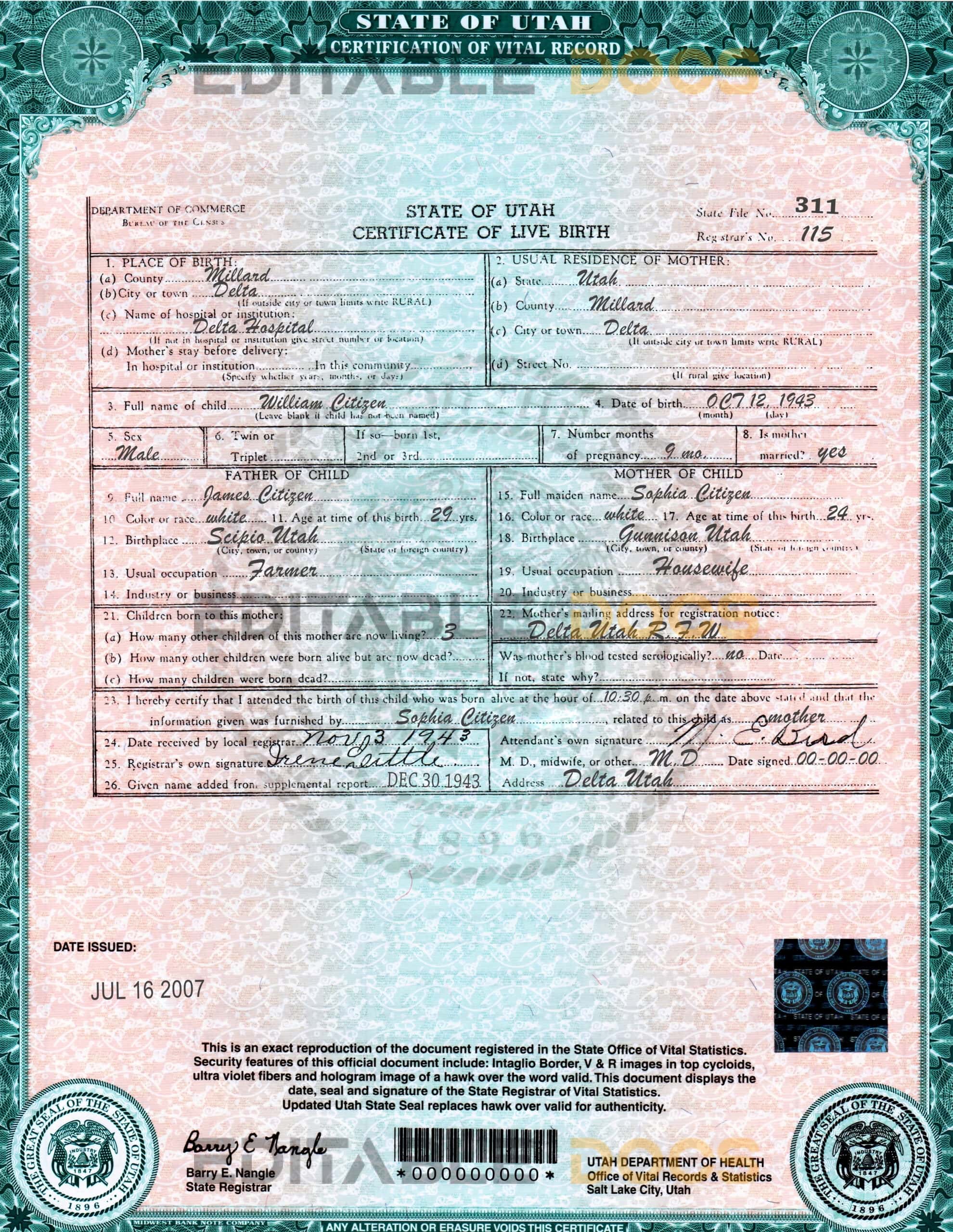 Authentic USA Utah Birth Certificate Template | Customize and Download Online