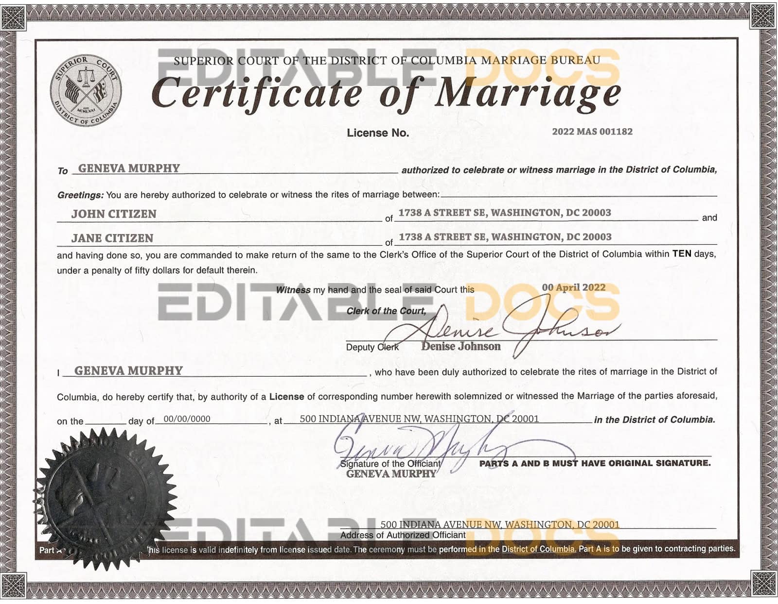 USA Washington district of Columbia Marriage Certificate | Editable PSD Templates