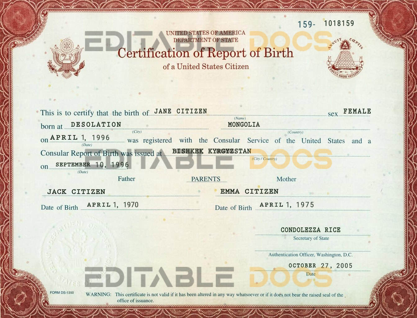 Authentic USA Birth Certificate Template | Customize and Download Online