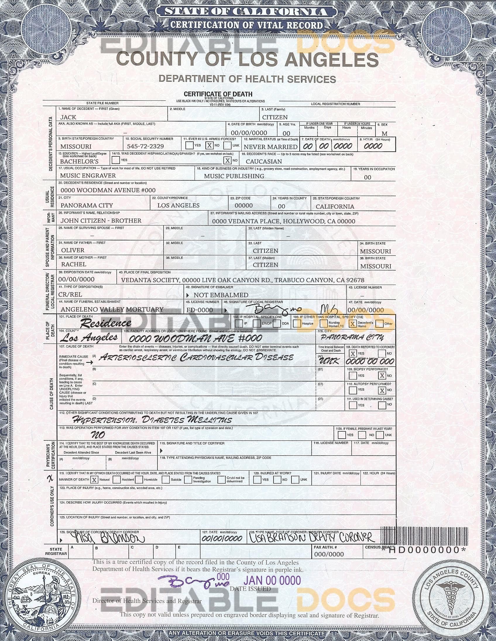 Customizable USA county of Los Angeles Death Certificate PSD Templates | Instant Download